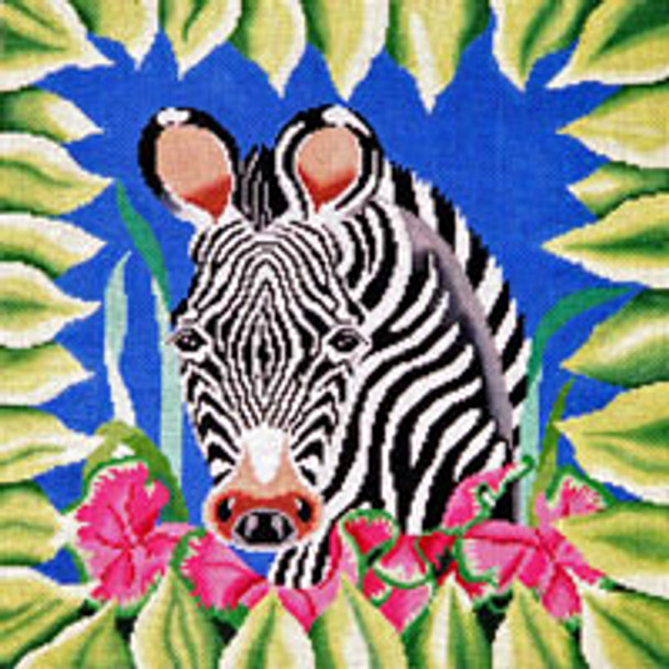 Animal DA017 Zebra In Greens 14 x 14 13 Mesh JP Needlepoint