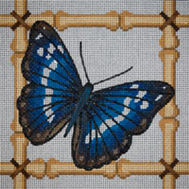 Bird/Insect B071 Blue & Brown Butterfly & Bamboo 7 x 7 13 Mesh JP Needlepoint
