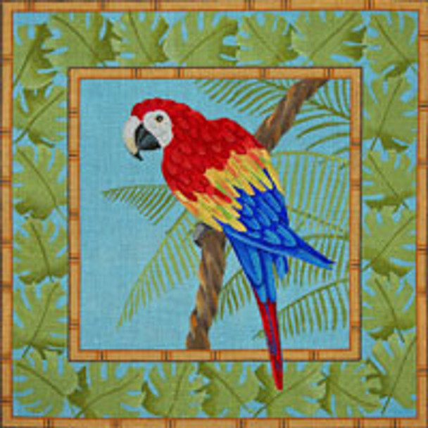 Bird/Insect B343 Red Macaw in Palm Leaves 16 x 16 13 Mesh JP Needlepoint