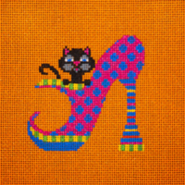 Holiday H047 Black Cat in Pink Polka Dot Heel 8 x 8 18 Mesh JP Needlepoint