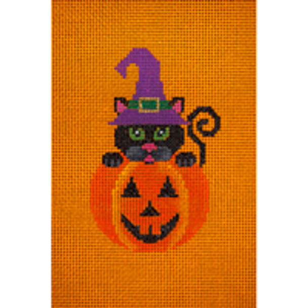 Holiday H090 Black Cat in Pumpkin 4 x 6 18 Mesh JP Needlepoint