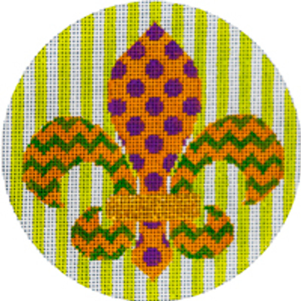 MISCELLANEOUS L632 Green & Purple Dots & Chevron Fleur 4.5" Diameter 18 Mesh JP Needlepoint