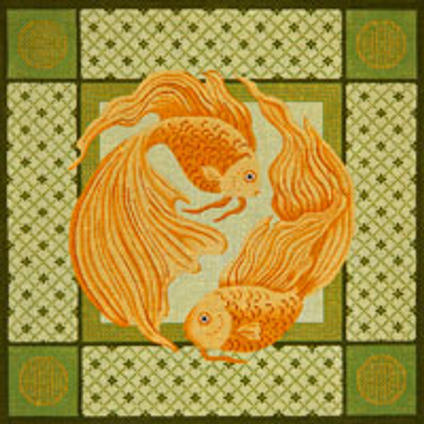 Asian O232	Oriental Goldfish w/Green Borders	15.5 x 15.5 13 Mesh JP Needlepoint