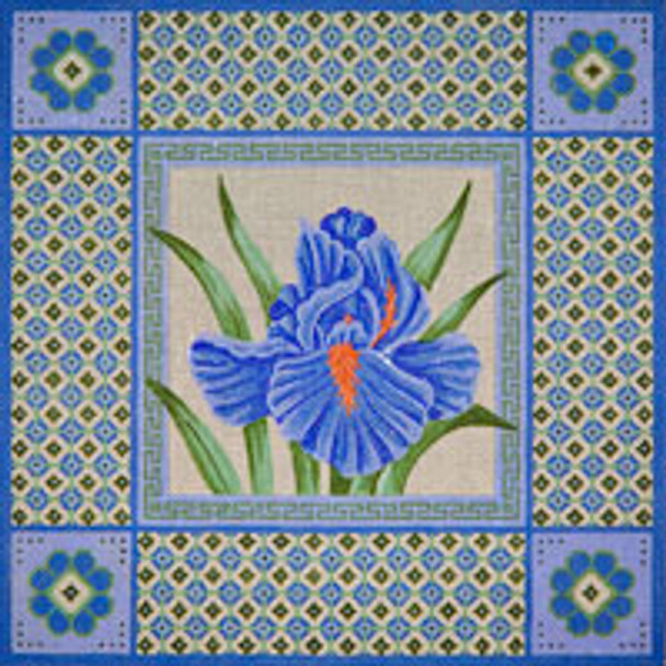 Asian O024	Blue Iris on Sage Green Borders 11 x 11 18 Mesh JP Needlepoint 