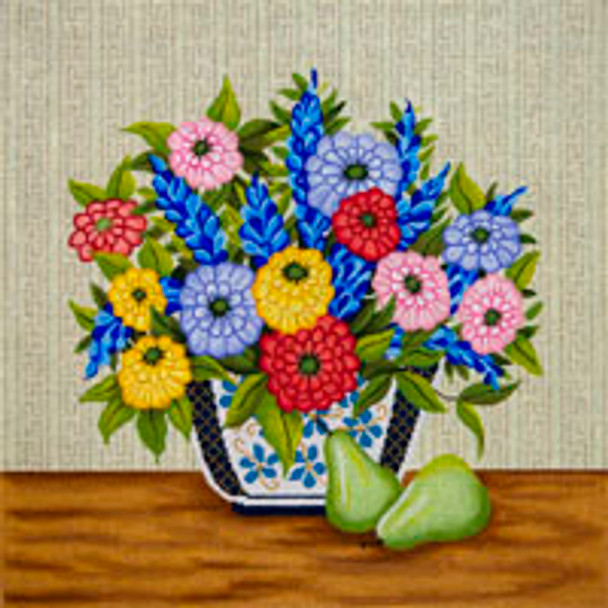 Asian O099	Imari Bowl Of Flowers w/Greek Key 14 x 14 13 Mesh JP Needlepoint