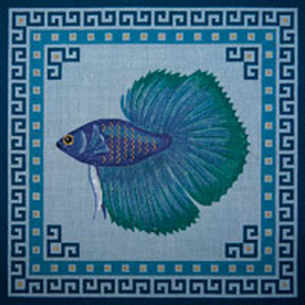 Asian O046	Turquoise & Blue Fighting Fish 13 x 13 13 Mesh JP Needlepoint