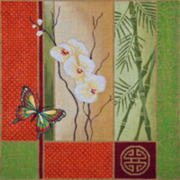 Asian O074	Orchids and Long Life 16 x 16  13 Mesh JP Needlepoint