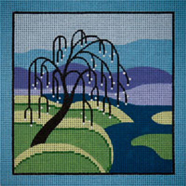 VEGETATION V079 Willow Tree on River 7 x 7 13 Mesh JP Needlepoint