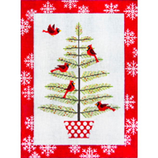 CHRISTMAS X055 Cardinals in Pine Tree 8.5 x 11.5 18 Mesh JP Needlepoint
