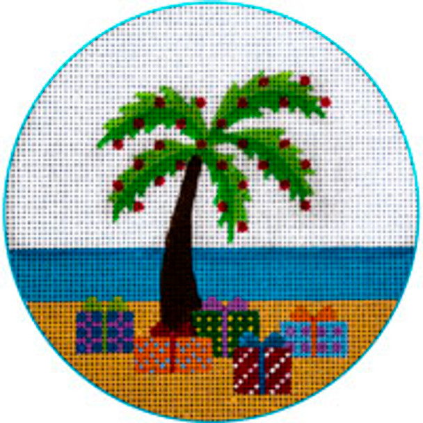 CHRISTMAS X237 Palm Tree & Packages 4.5 diameter 18 Mesh JP Needlepoint