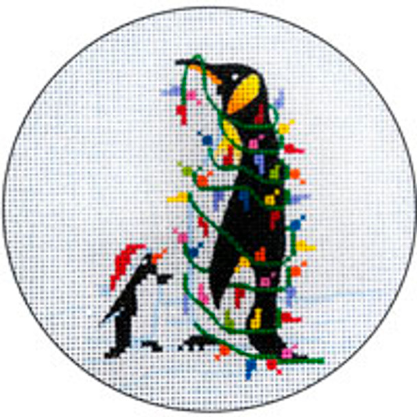 CHRISTMAS X238 Penguin Wrapped In Xmas Lights 4.5 diameter 18 Mesh JP Needlepoint