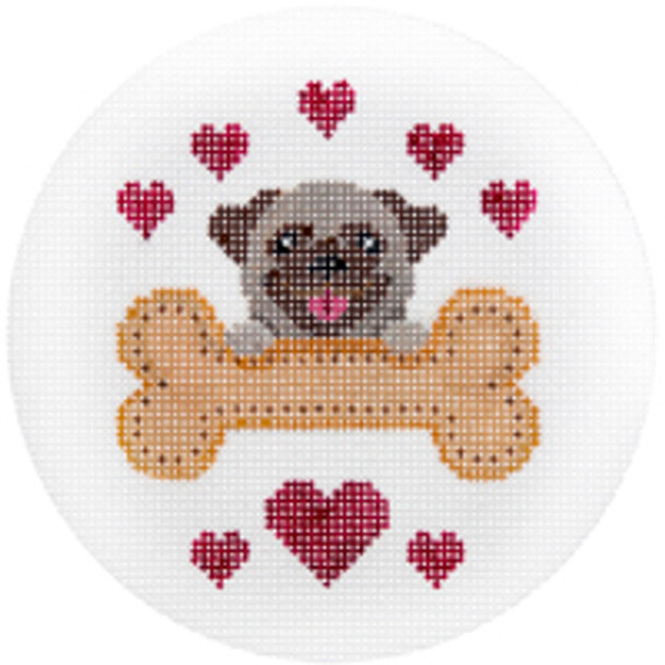 CHRISTMAS X339 Pug Loves His Bone  4.5 " Diameter 18 Mesh JP Needlepoint