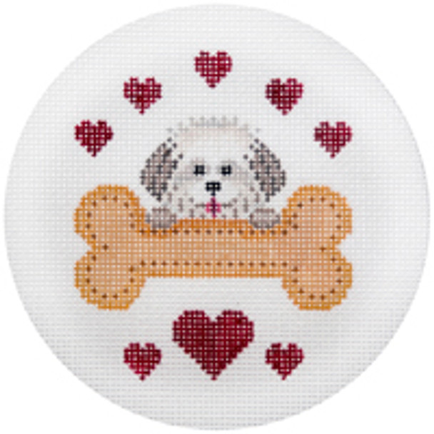 CHRISTMAS X340 Bichon Loves His Bone  4.5 " Diameter 18 Mesh JP Needlepoint