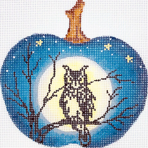 KCN1574 Spooky Owl Silhouette Pumpkin 4.5"w x 4.5"h 18 Mesh Kelly Clark Needlepoint