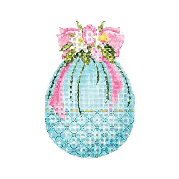 KEA78-18 Turquoise Egg with Tulips and Pink Ribbon 6.25"w x 4"h - 18 Mesh Kelly Clark Needlepoint