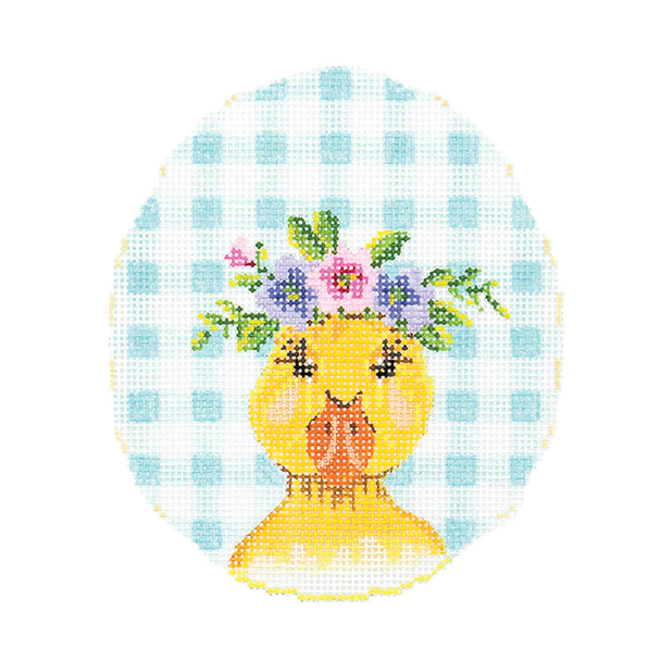 KEA73-18 Duckie with Flower Crown on Aqua Gingham 4"w x 4.65"h - 18 Mesh Kelly Clark Needlepoint