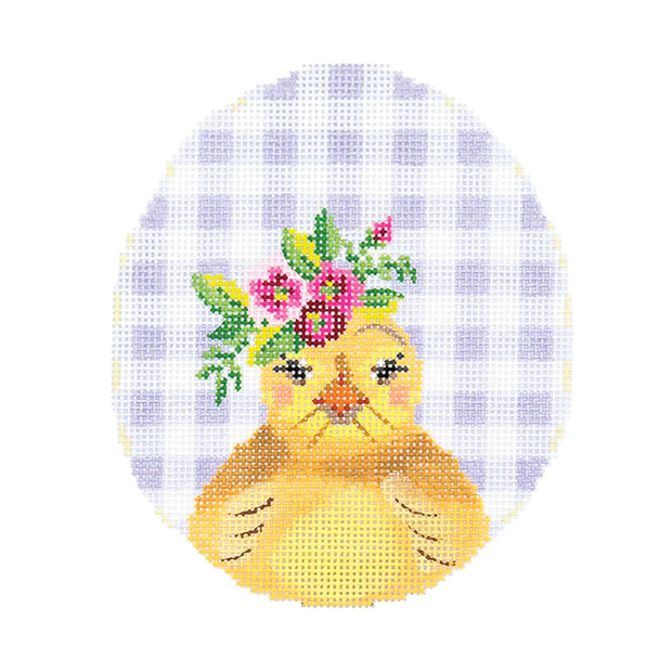 KEA72-18 Chick with Flower Crown on Lilac Gingham 4"w x 4.65"h - 18 Mesh Kelly Clark Needlepoint