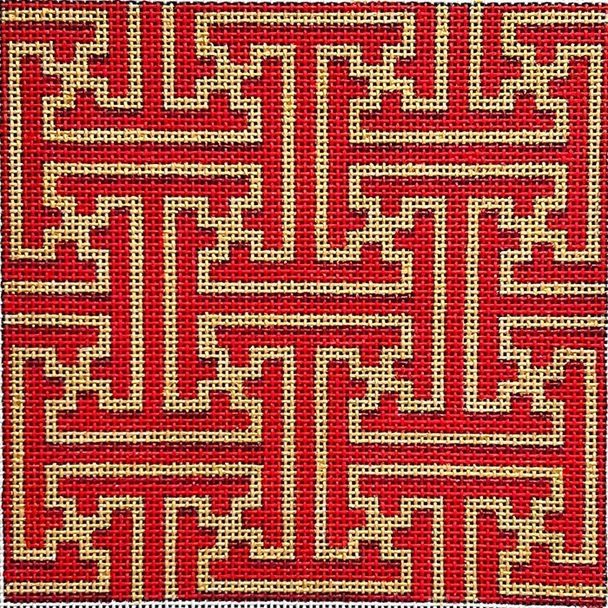 IS-502R Red/Gold Fretwork Square Insert 5” x 5” 18 Mesh Associated Talents 