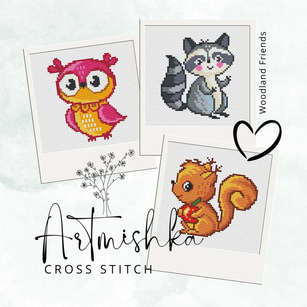 Set of 3: Squirrel, Owl, Raccoon  Artmishka Counted Cross Stitch Pattern