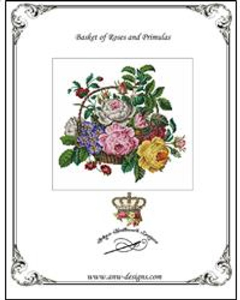 Basket of Roses and Primulas -A 181w X 161h Stitches Antique Needlework Design