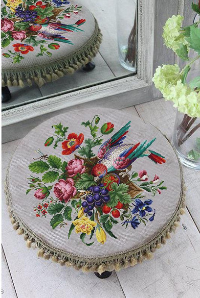 Basket in bird flowers and fruits -E Antique Needlework Design