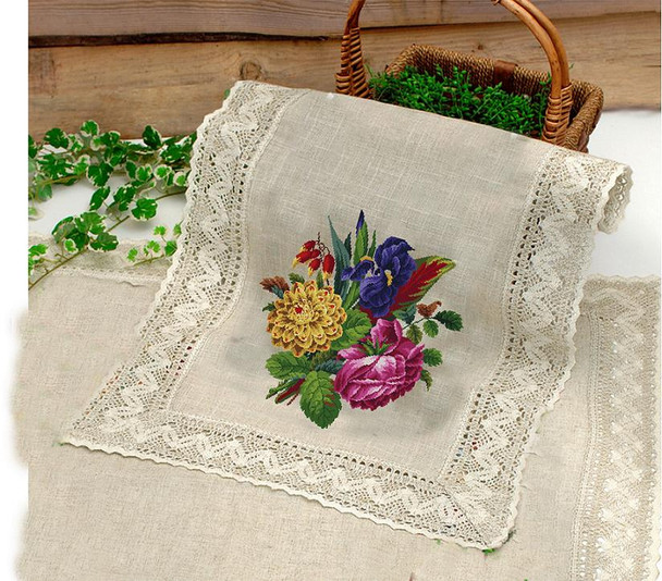 Iris, Dahlia and Rose Bouquet-A Antique Needlework Design