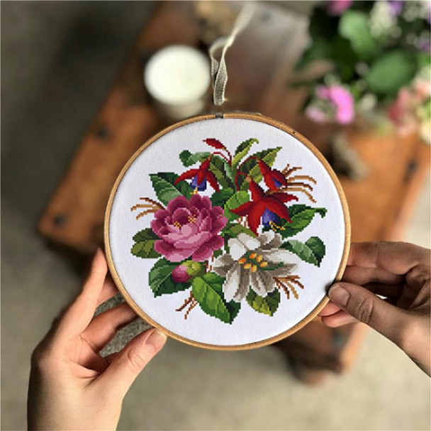 Lily ,Fuchsia and Rose Bouquet-E Antique Needlework Design