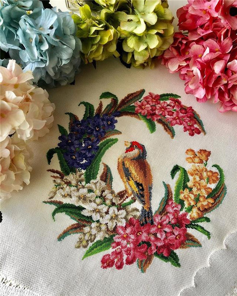 Goldfinch in a Wreath of Hyacinths -A Antique Needlework Design