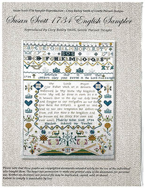 Susan Scott 1734 English Sampler by Gentle Pursuit Designs 23-1844