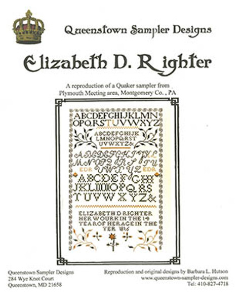 Elizabeth D. Righter 1816 252H x 159W by Queenstown Sampler Designs 23-1131 YT