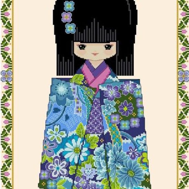 Chiyogami #5 AOI 200w x 240h Cross Stitch Asia