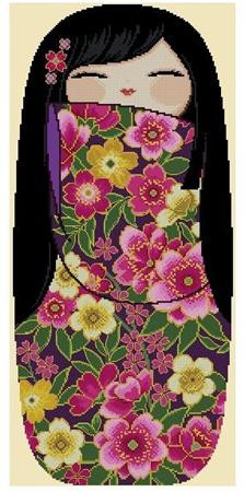 LRG K006 Happy Kokeshi Doll AIKO 128w x 280h Cross Stitch Asia