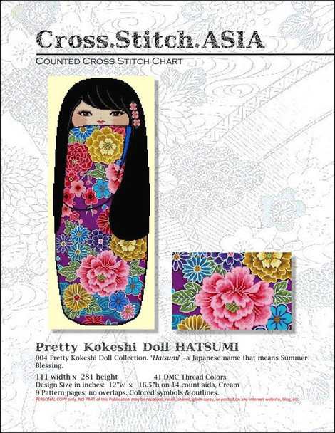 Pretty Kokeshi Doll HATSUMI 118w x 280h Cross Stitch Asia