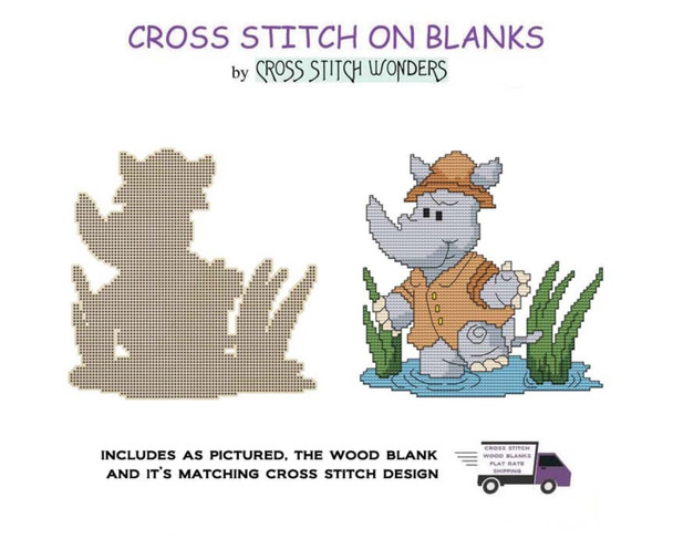 Safari Rhino 16 Ct, Laser Cut Wood Blank Includes Matching Cross Stitch Pattern Cross Stitch Wonders
