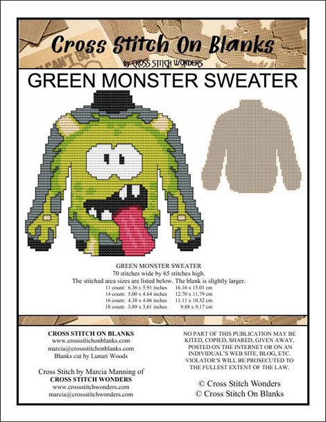 Green Monster Sweater Includes 14 Count Wood Blank Cross Stitch Monster Pattern Cross Stitch Wonders