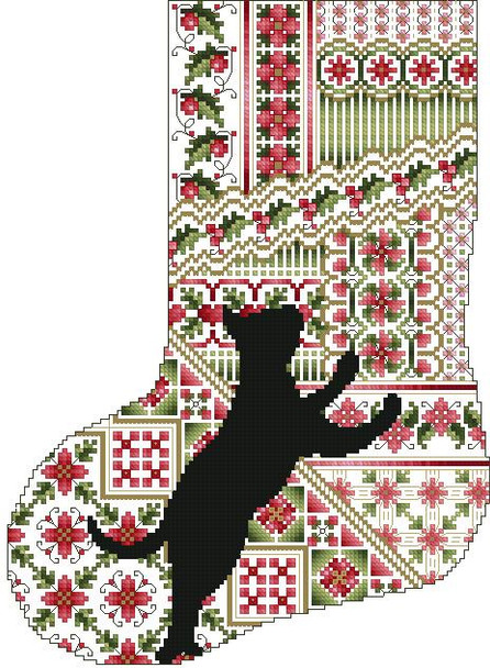 Cat And Stocking Poinsettia 114 wide X 157 high Kitty And Me Designs