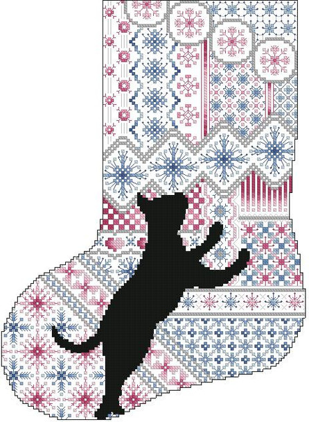 Cat And Stocking Snowflake 114 wide X 157 high Kitty And Me Designs