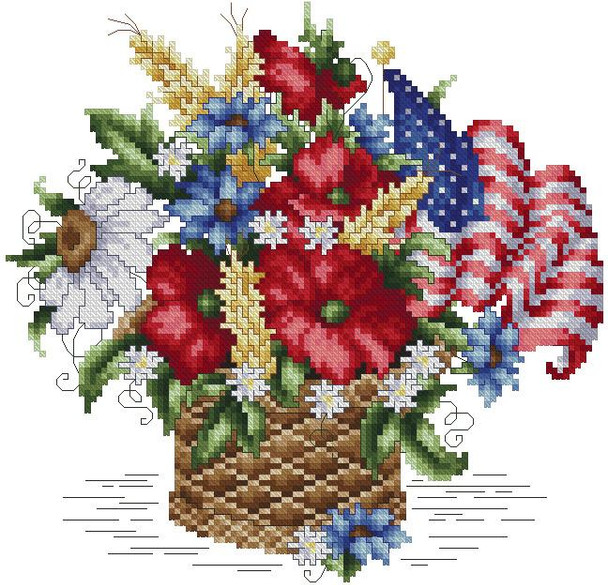 Patriotic Floral Basket 106 stitches wide X 103 stitch high Kitty And Me Designs