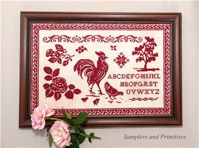 Red Rooster Sampler 207w x 140h Samplers and Primitives
