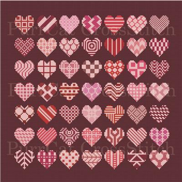 A Sampler of Forty-Nine Hearts in Fifty-One Reds180w x 180h PurrCat CrossStitch