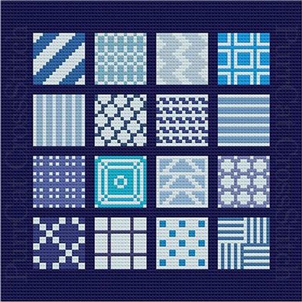 A Trivet in Eighteen Blues 91w x 91h PurrCat CrossStitch