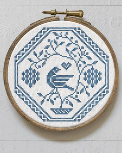 Quaker Medallion: Bird in a Grapevine Modern Folk Embroidery