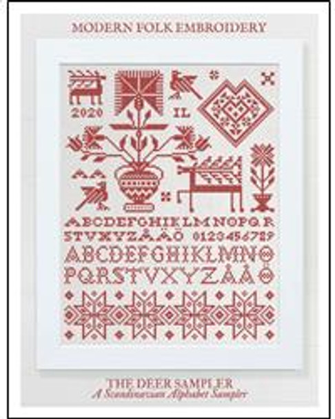 The Deer Sampler - A Scandinavian Alphabet Sampler 117 crosses wide, 150 crosses high Modern Folk Embroidery