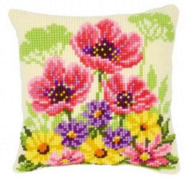 PNV143708 Flower Field Poppies Cushion Vervaco Kit