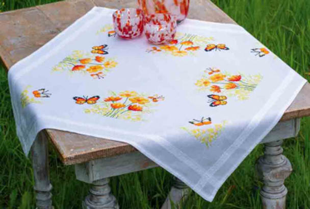 PNV187348 Orange Flowers Butterfly Tablecloth - Embroidery Vervaco