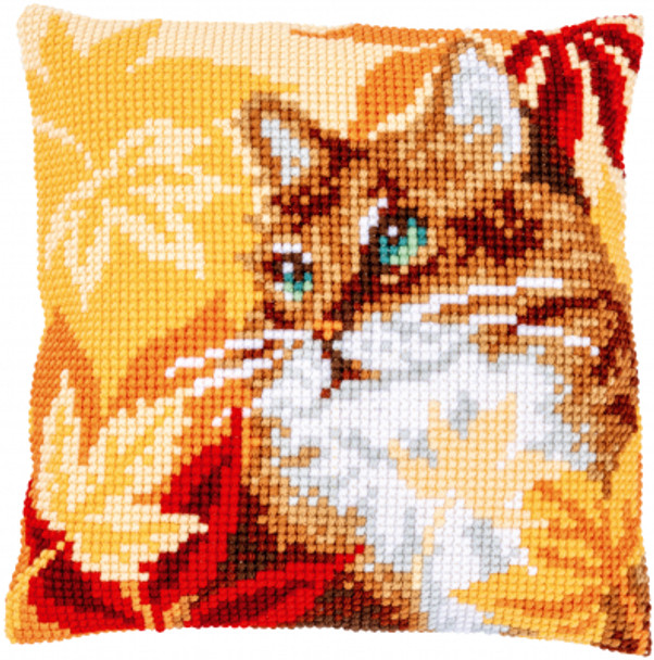 PNV194222 Cat With Autumn Leaves Cushion Vervaco