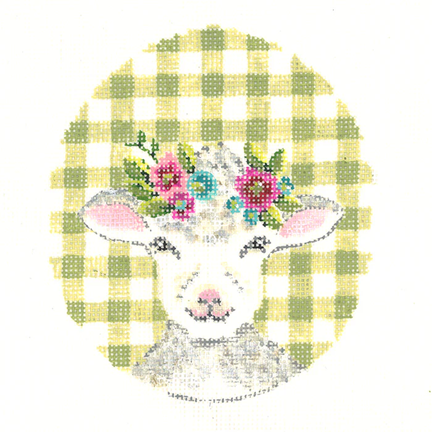 KEA74-18 Curly Lamb with Flower Crown on Green Gingham Kelly Clark Needlepoint