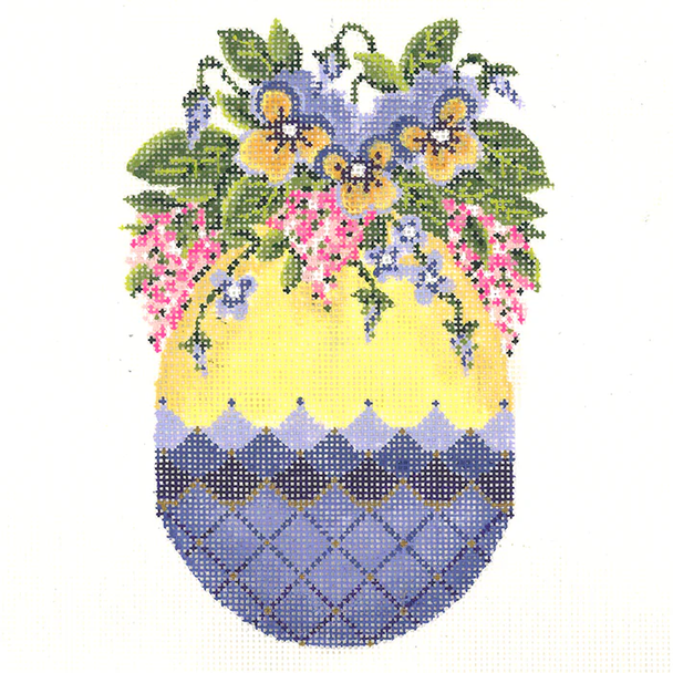 KC-KEA81-18 Violet Egg with Cascading Pansies  Kelly Clark Needlepoint