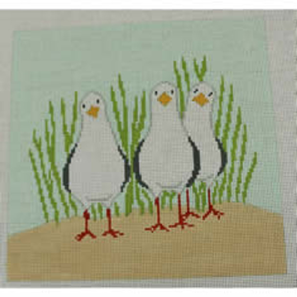 P196 3 Standing Seaguls 7.25 x 7.25 - 18 Mesh Kristine Kingston Needlepoint Designs
