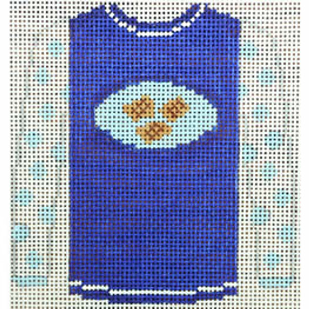 O212J sweater - Potato latkes on royal blue 3.75 x 4 18 Mesh Kristine Kingston Needlepoint Designs